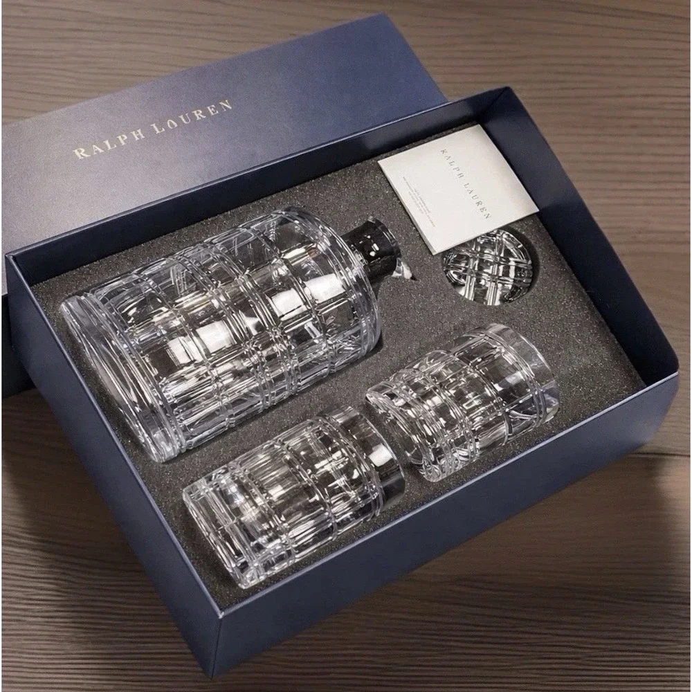 Ralph Lauren Hudson Plaid Crystal Decanter and 2 Glass Gift Set 680842802004